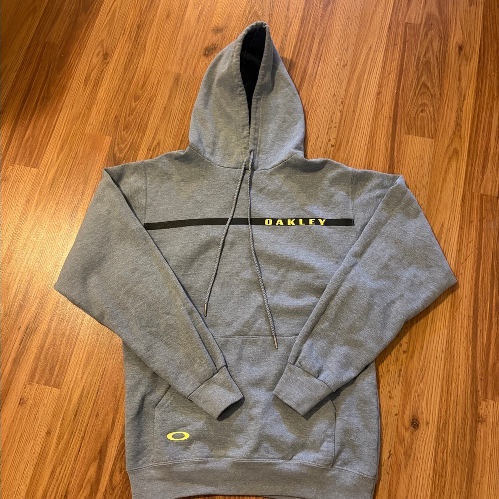 Oakley Gray Pullover Hoodie with Black Stripe and Yellow Logo
